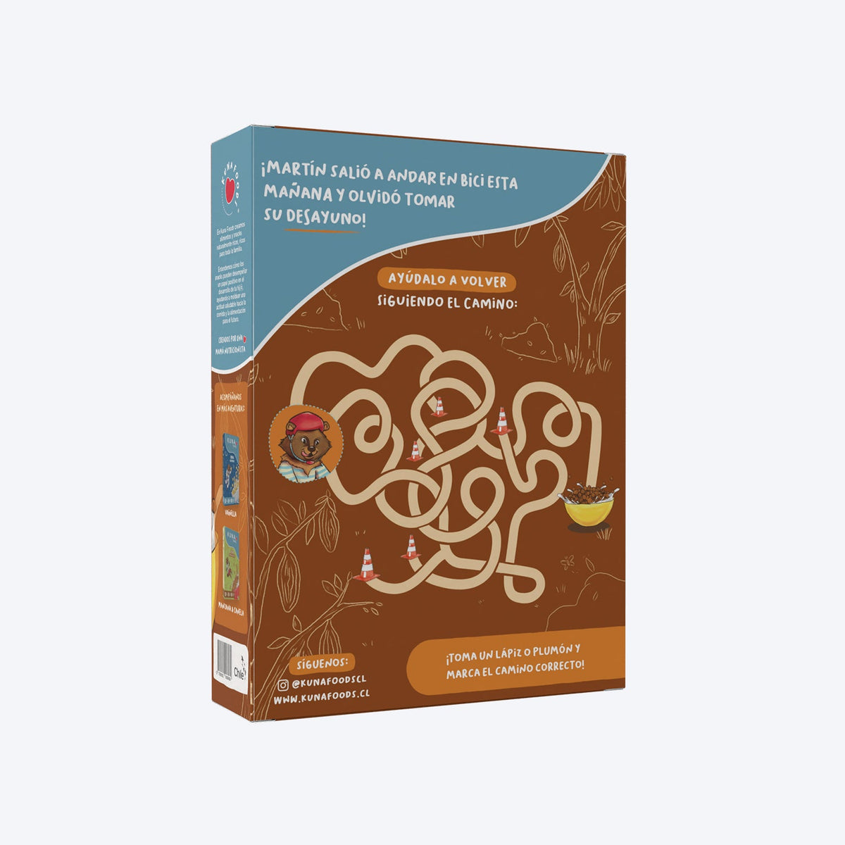 Caja Cereal Cacao de Kuna Foods, cereal listo para consumir, marrón con ilustraciones infantiles