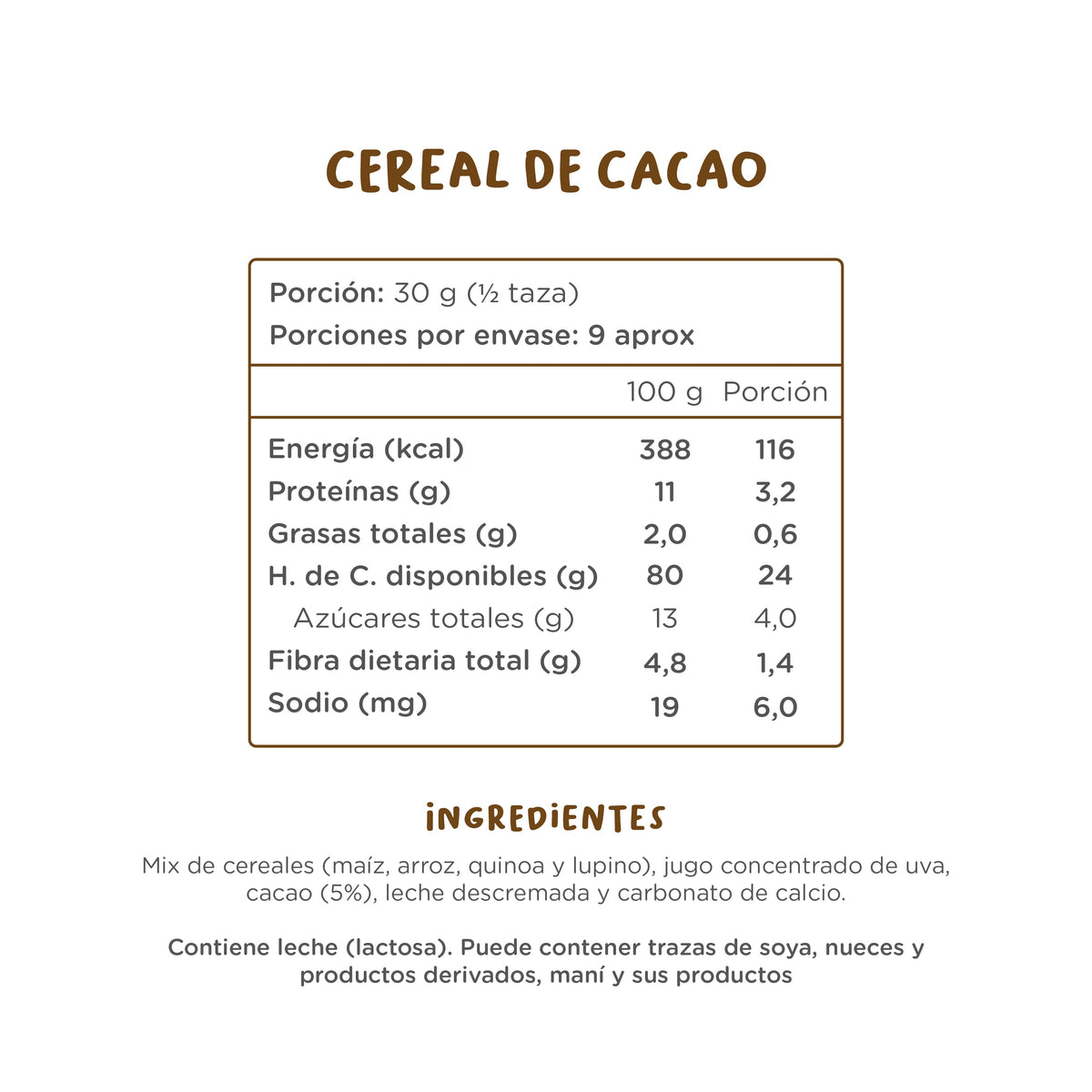 Caja Cereal Cacao de Kuna Foods, cereal listo para consumir, con porciones de 12 unidades de 280 g