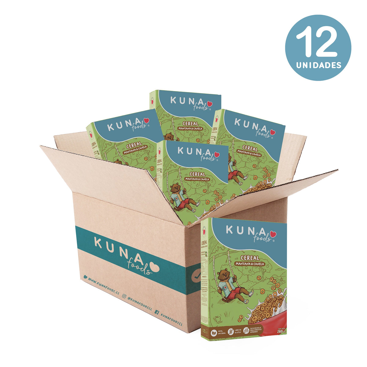Caja Cereal Manzana Canela de Kuna Foods, cereal en caja sin azúcar añadida, pack de 12 unidades