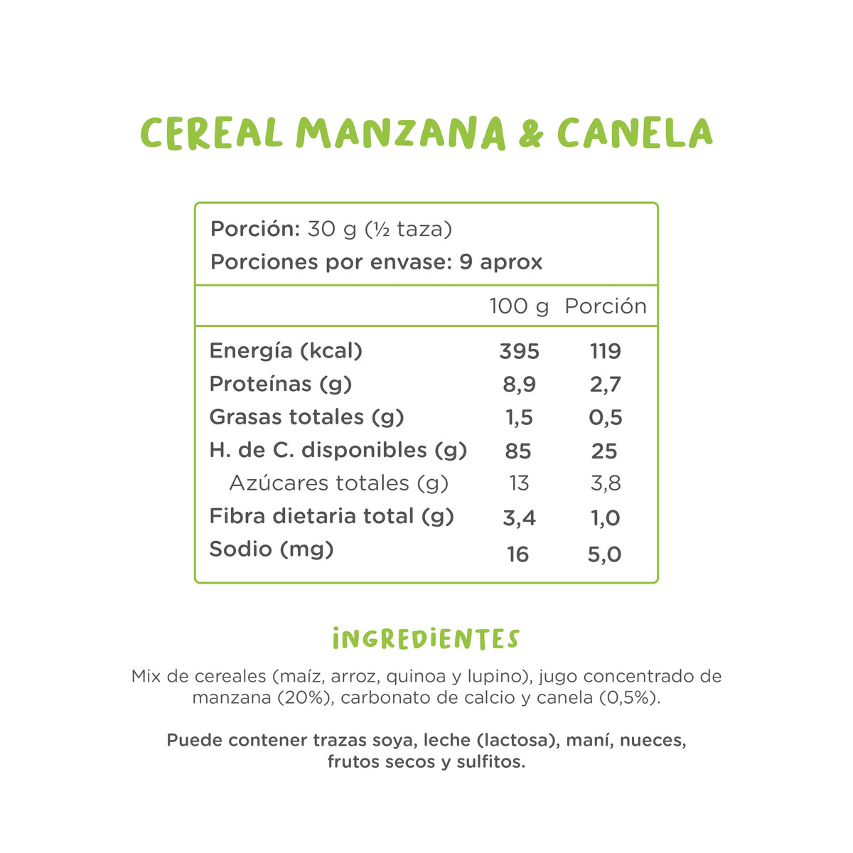 Caja Cereal Manzana Canela de Kuna Foods, cereal en caja sin azúcar añadida, sin gluten