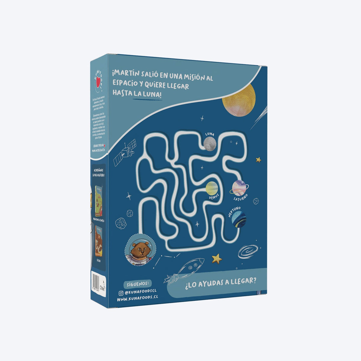 Caja Cereal Vainilla de Kuna Foods, cereal en caja sin azúcar añadida, diseño espacial azul y blanco