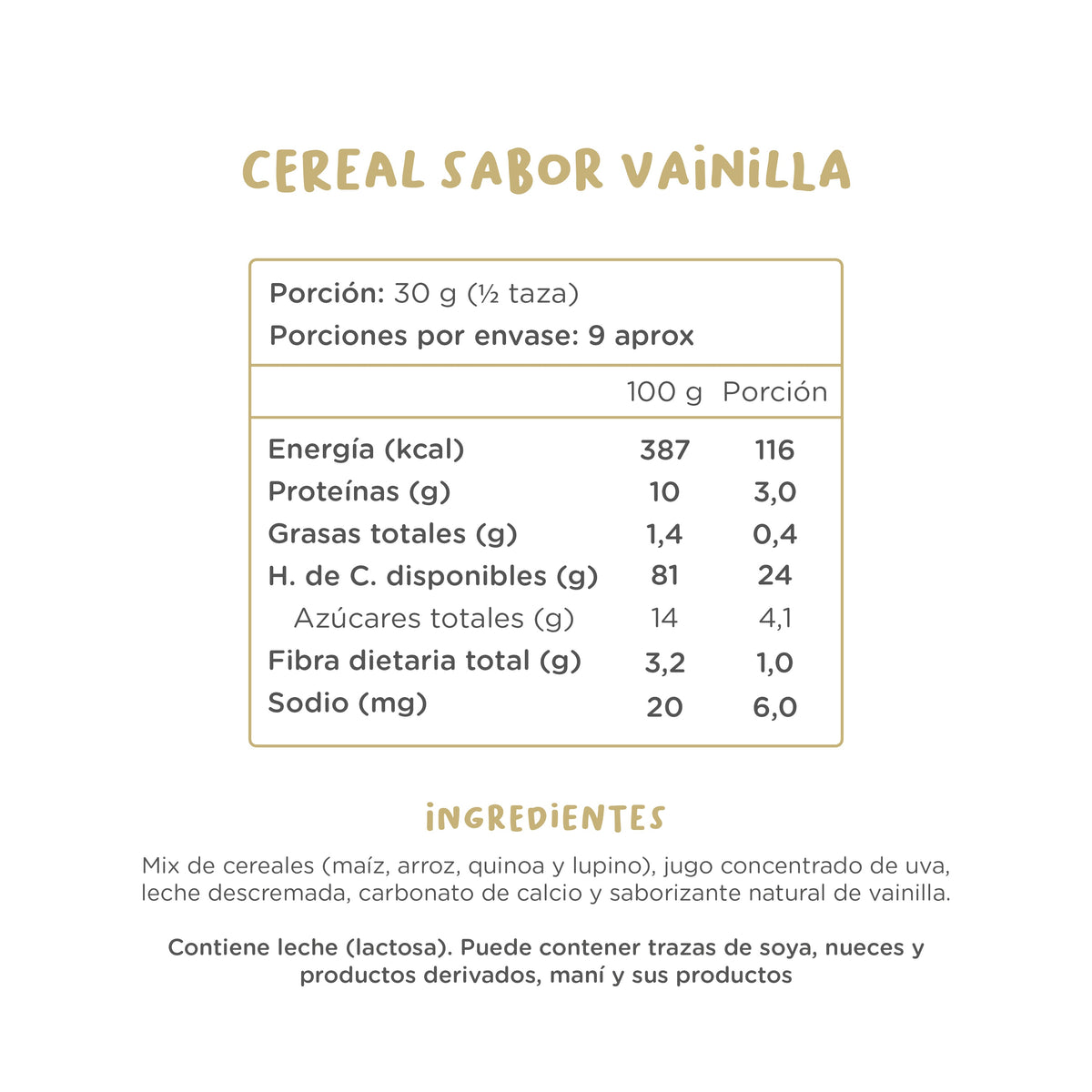 Caja Cereal Vainilla Kuna Foods, cereal en caja con 12 unidades de 280 g, con texto nutricional