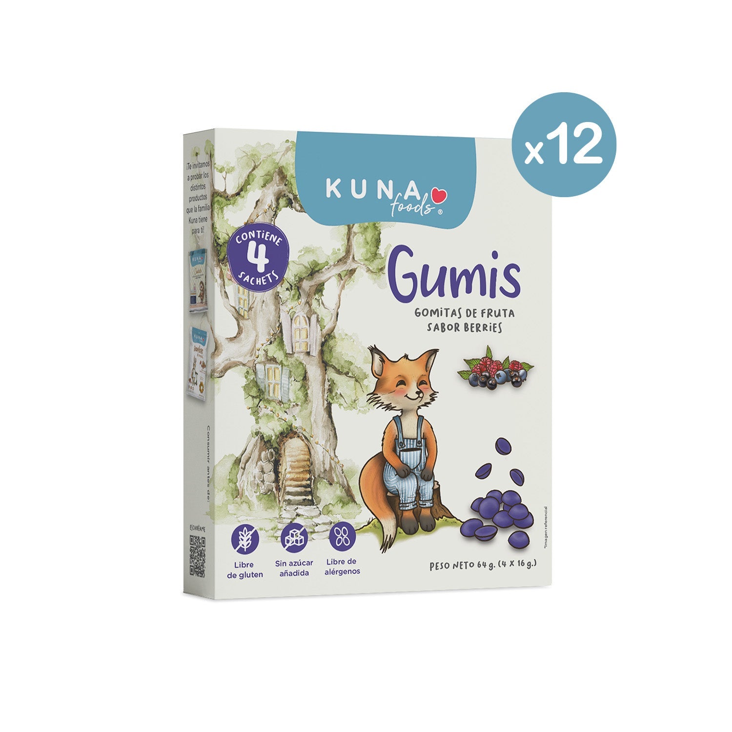 Caja Gumis Berries Kuna Foods gomitas de fruta moradas sin azúcar añadida, con 12 estuches