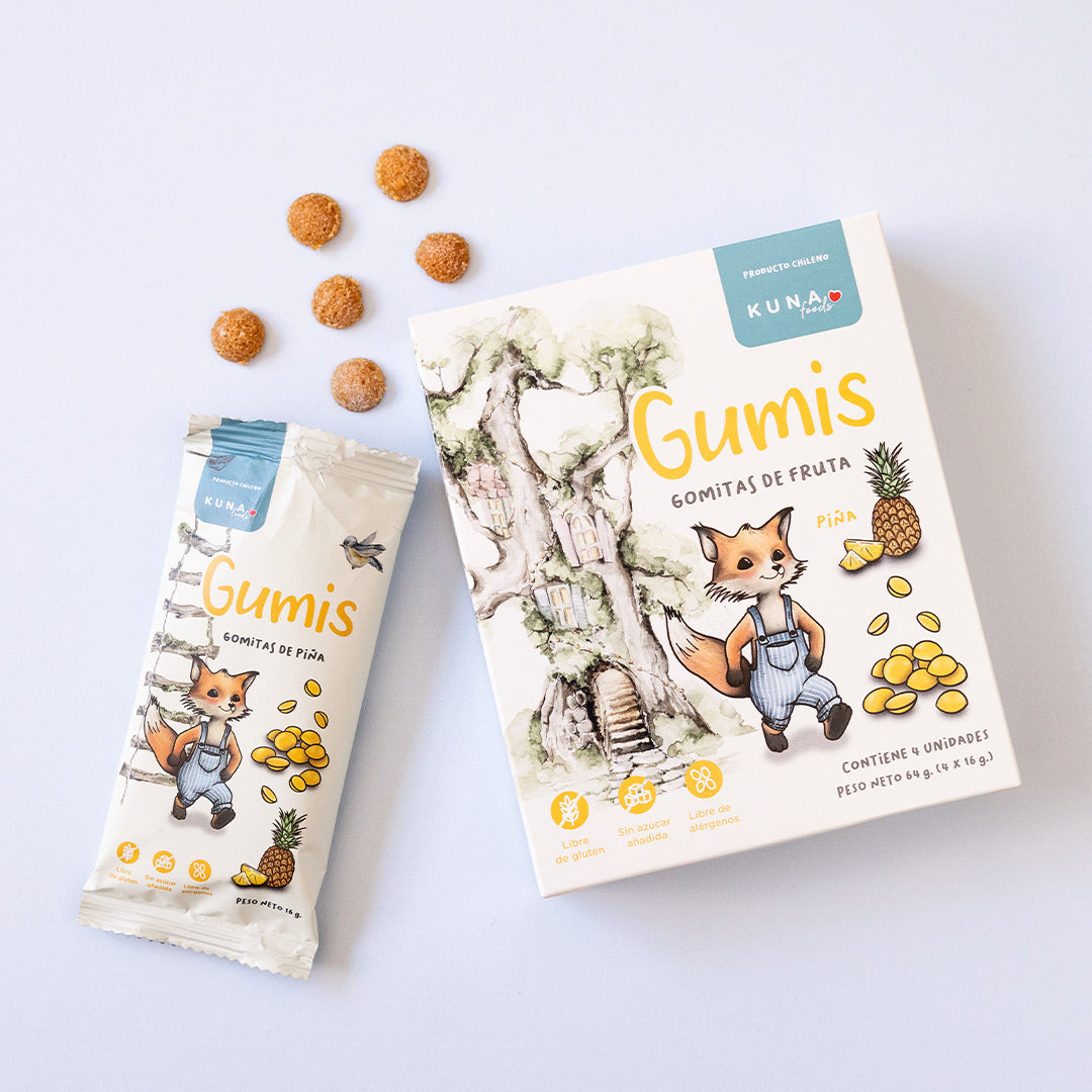 Caja Gumis Piña de Kuna Foods con gomitas de fruta en estuche, vegano sin azúcar añadida