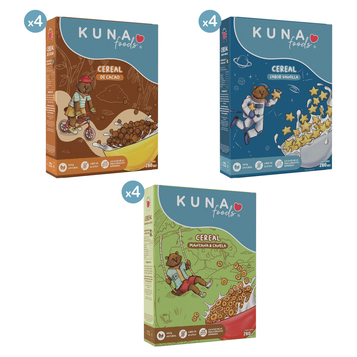 Caja Surtida Cereales Kuna Foods en pack de 12 unidades, sin azúcar añadida y sin gluten