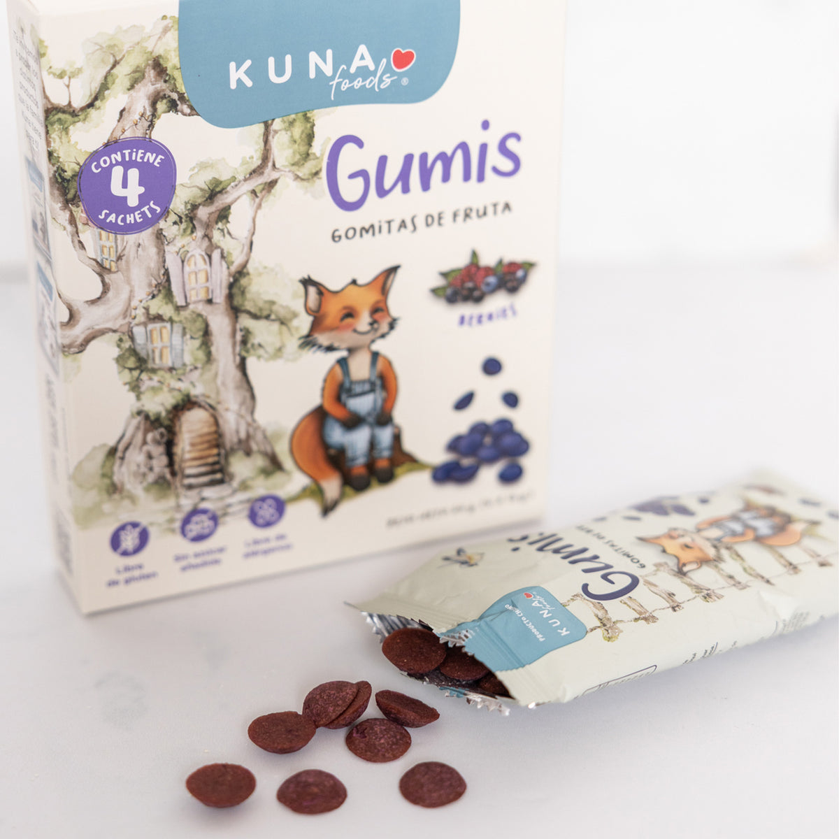 Gumis Berries de Kuna Foods, gomitas de fruta para colación, con forma redonda color cacao