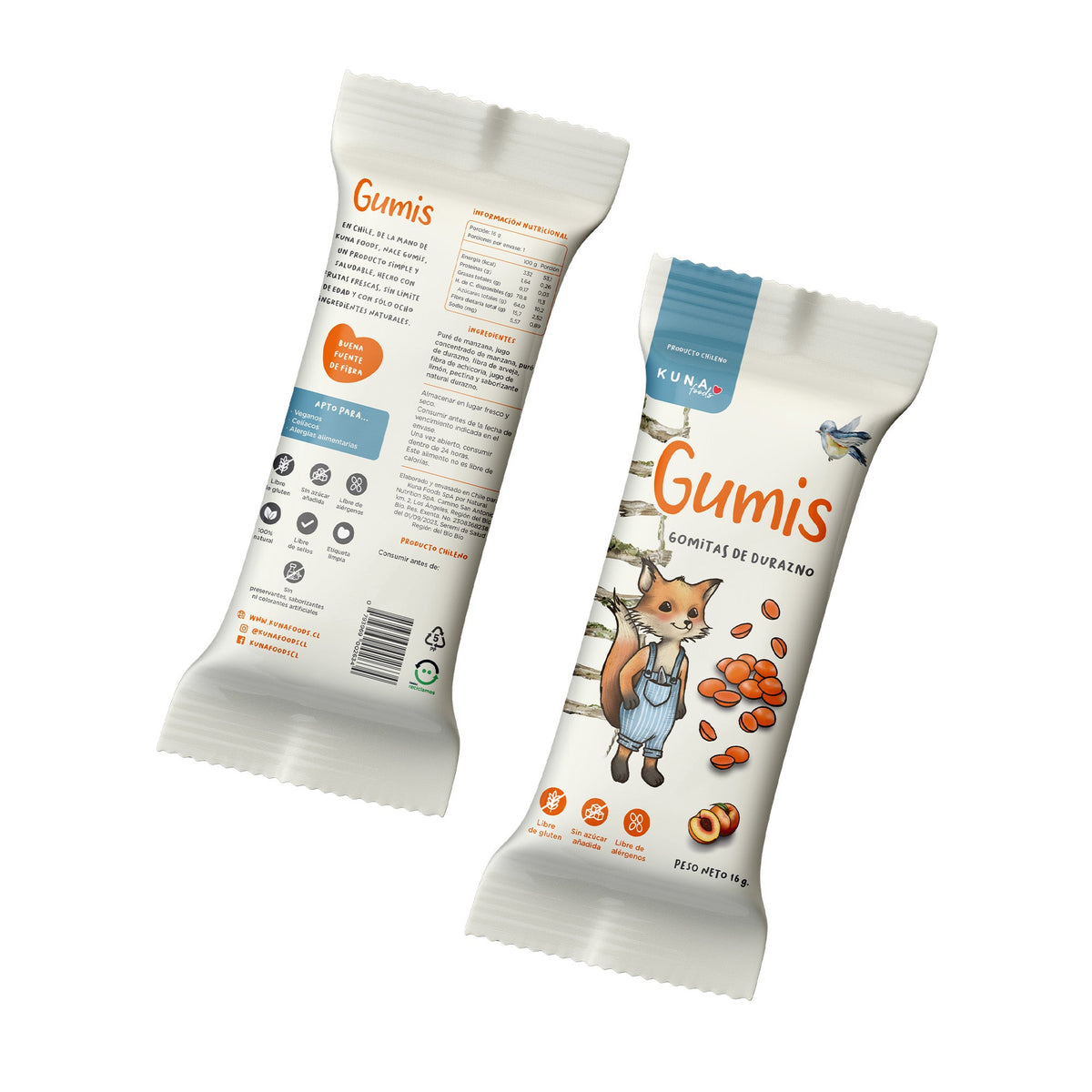 Gumis Durazno de Kuna Foods, gomitas de fruta en pouch, vegano y sin alérgenos, en envase blanco