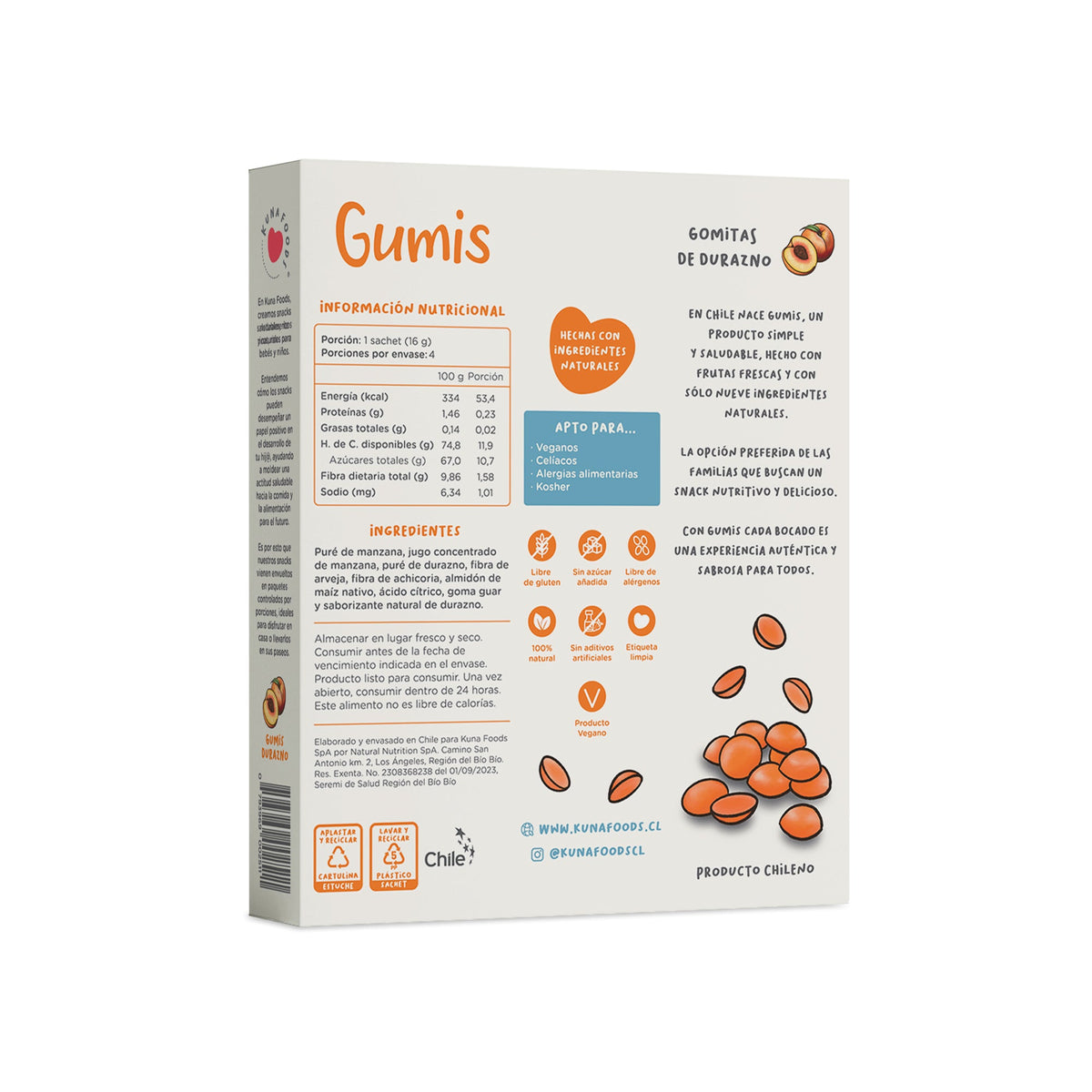 Gumis Durazno de Kuna Foods, gomitas de fruta color durazno, sin azúcar añadida, aptas desde 18 meses