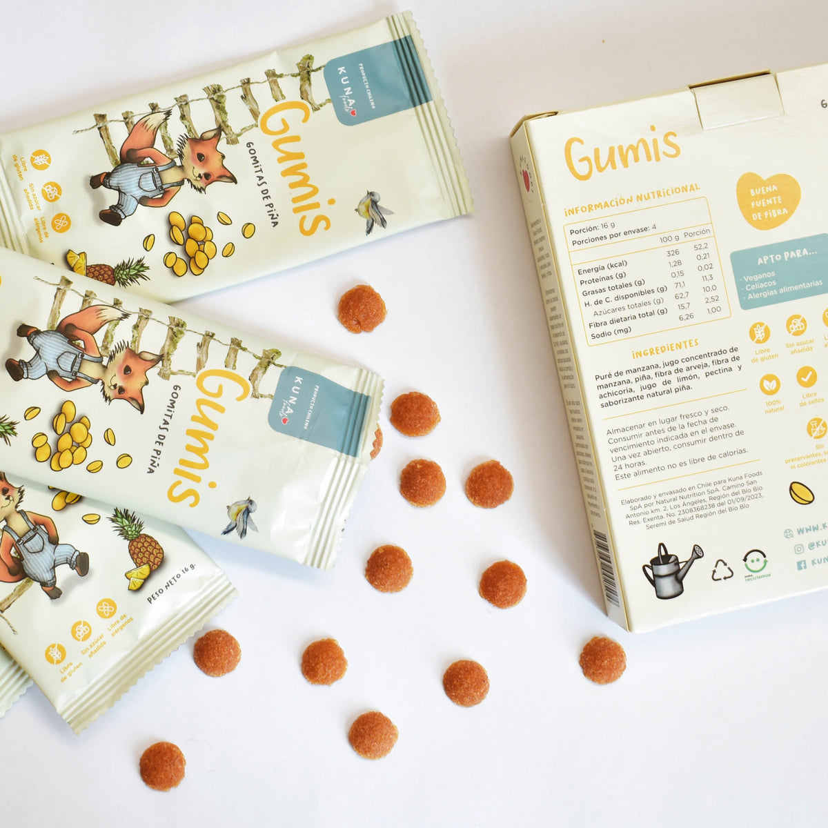 Gumis Piña Kuna Foods gomitas de fruta sin azúcar añadida y libre de gluten, con puré de manzana y piña