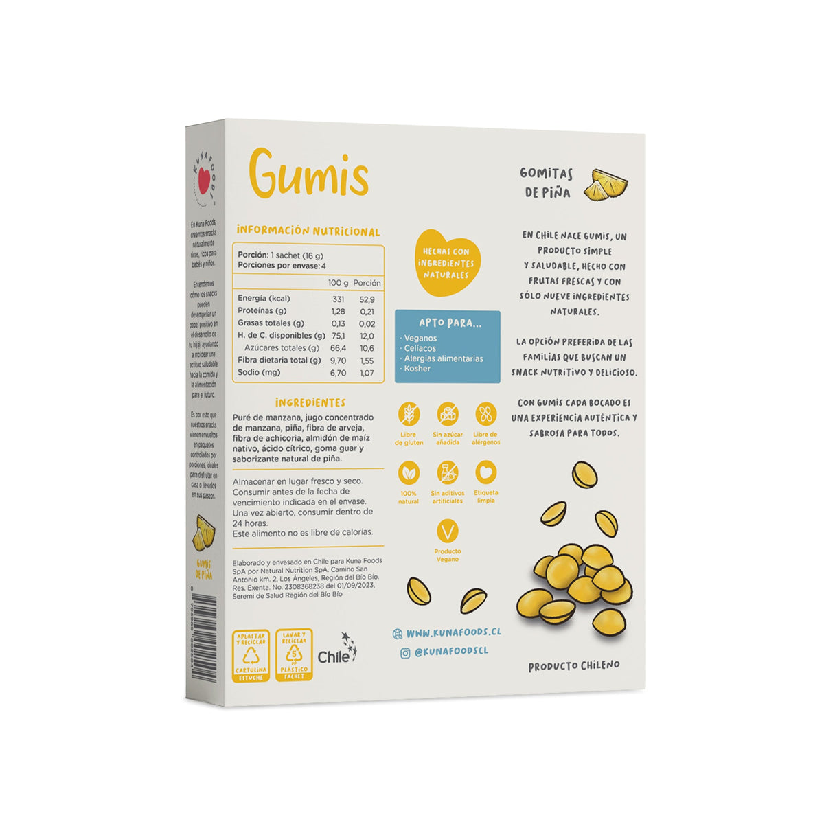 Gumis Piña de Kuna Foods, gomitas de fruta sin azúcar añadida y libre de gluten, en envase beige