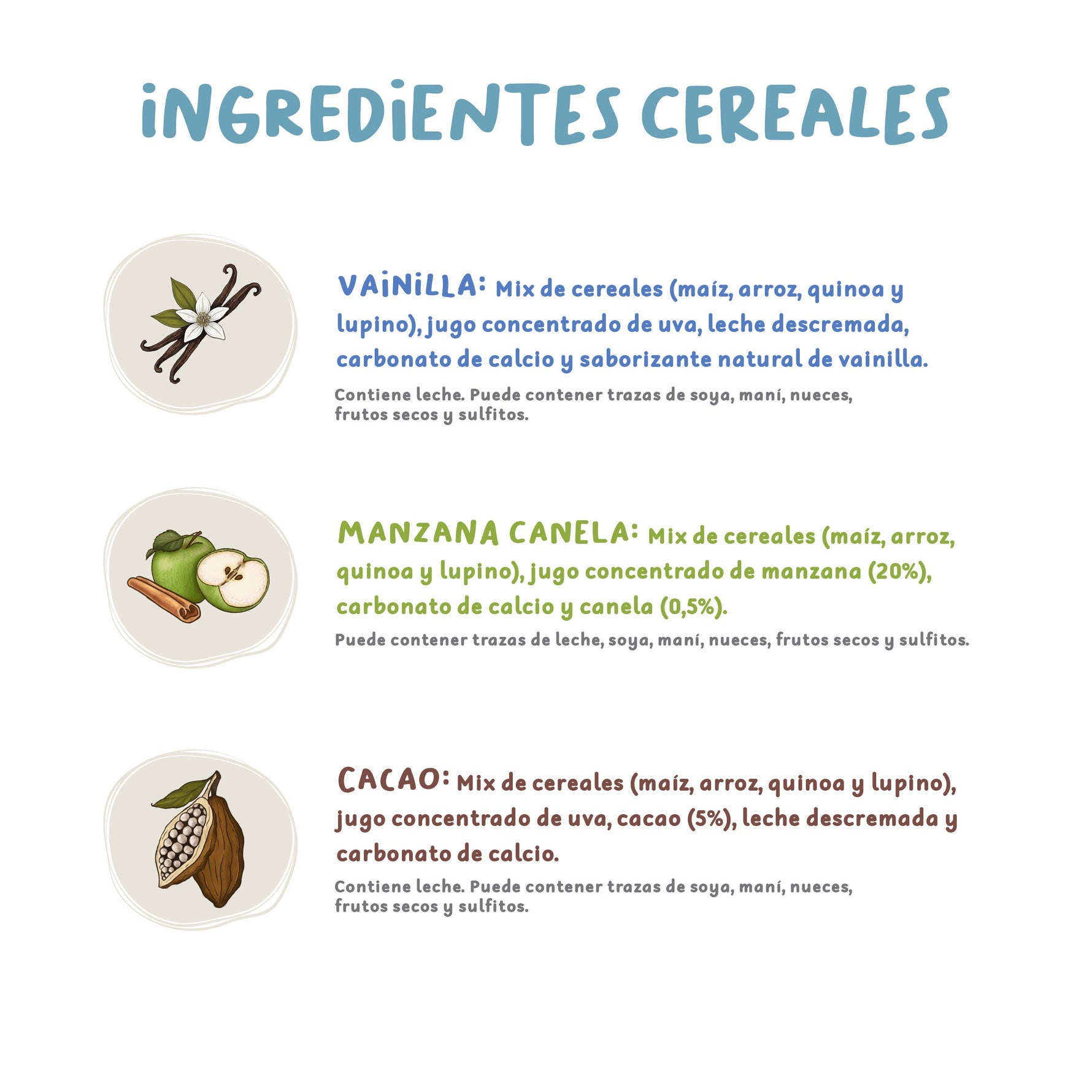 Mix Cereales Kuna Foods cereales sin gluten en pack de 3 cajas, ilustración en tonos crema y azul